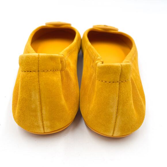 Tory Burch Minnie Travel Ballet Flats Gold Crest Suede Leather Logo Yellow Sz 7 - Picture 8 of 10